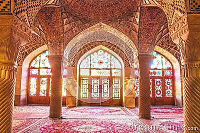 Famous pink mosque decorated with mosaic tiles, Shiraz, Iran. Editorial Stock Photo