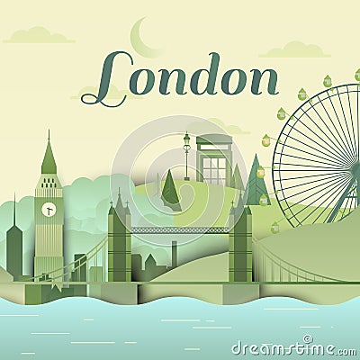 Famous places in London, England, green and blue tones, paper cut Vector Illustration