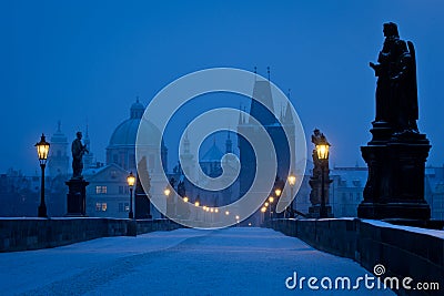 Famous Prague Charles bridge empty at blue hour Stock Photo