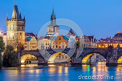 Famous Prague Landmarks - towers and bridge at night Stock Photo