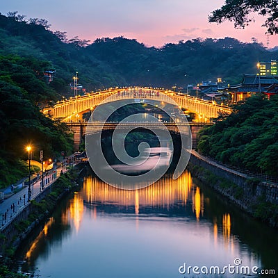 The famous Rainbow Bridge over Keelung River with reflections in the water at blue dusk, in Taipei, Taiwan, Stock Photo