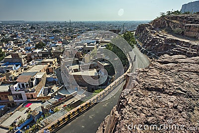 Famous Rajasthan indian tourist landmark seen over the old houses of Jodhpur - Mehrangarh Fort, Jodhpur Editorial Stock Photo