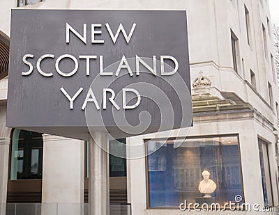 The famous Revolving signpost of New Scotland Yard is infamous and is located outside the HQ which is located in London, 2018 Editorial Stock Photo