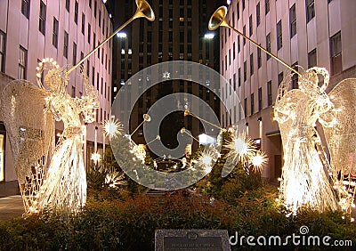 Famous Rockefeller Center Christmas tree as seen from 5th Avenue Editorial Stock Photo