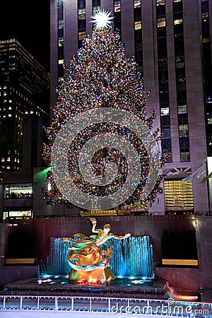 The famous Rockefeller Center Christmas Tree and Prometheus Statue at Rockefeller Center Editorial Stock Photo