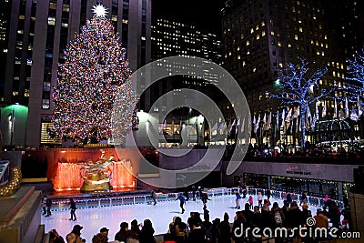 The famous Rockefeller Center Christmas Tree and Prometheus Statue at Rockefeller Center Editorial Stock Photo