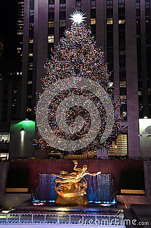 The famous Rockefeller Center Christmas Tree and Prometheus Statue at Rockefeller Center Editorial Stock Photo