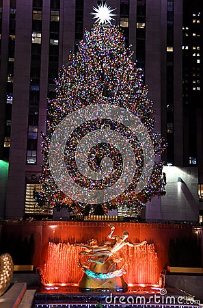 The famous Rockefeller Center Christmas Tree and Prometheus Statue at Rockefeller Center Editorial Stock Photo