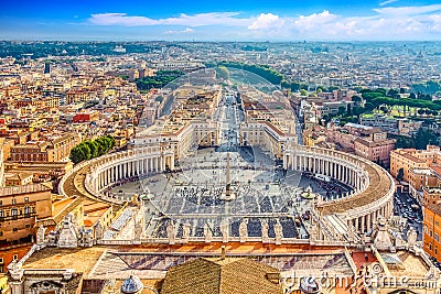 Famous Saint Peter`s Square in Vatican and aerial view of the Rome city during sunny day Stock Photo