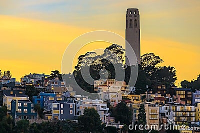 Famous San Francisco Coit Tower on Telegraph Hill at sunset Stock Photo
