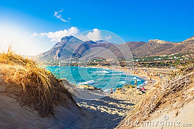 Famous sandy beach of Falasarna at the north west of Chania, Crete. Editorial Stock Photo
