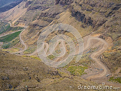 The famous Sani mountain pass dirt road with many tight curves connecting Lesotho and South Africa Stock Photo