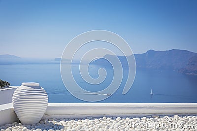 Famous Santorini background. Greece, Santorini island - white architecture and blue sea and sky. Abstract background, empty space Stock Photo