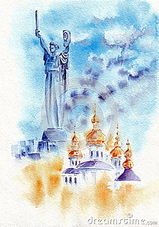 The famous sculpture Motherland in Kyiv and Orthodox church domes as symbols of peace for Ukraine. Hand drawn watercolors on paper Stock Photo