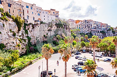 Famous sea promenade in Tropea with high cliffs with built on top city buildings and apartments. Parking area on the street. Editorial Stock Photo