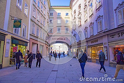 Famous shopping street Getreidegasse which is near to Wolfgang Amadeus Mozart birthplace Editorial Stock Photo