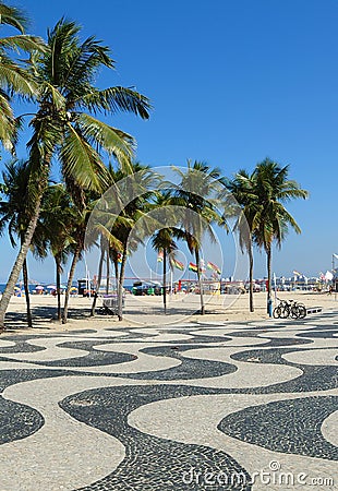 Famous sidewalk with mosaic of Copacabana and Leme beach in Rio de Janeiro Brazil Editorial Stock Photo