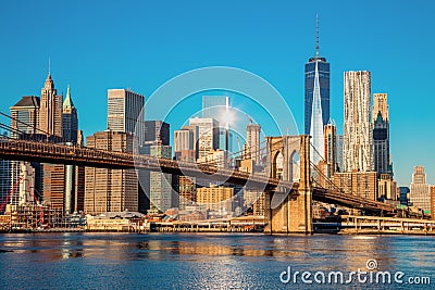 Famous Skyline of downtown New York City at early morning light Stock Photo