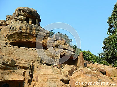 The famous Snake-mouth Cave curved out of yellow sand stones on the top in Udaygiri Hill Stock Photo