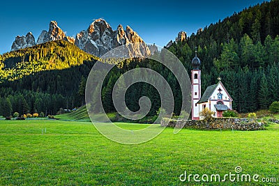 Famous St Johann church in Santa Maddalena alpine village, Italy Stock Photo