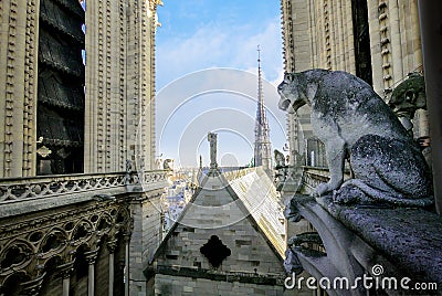 Authentic spire and wood roof of Notre Dame Cathedral from above in 2018 before of fire damage and restoration. The 19th-century Editorial Stock Photo