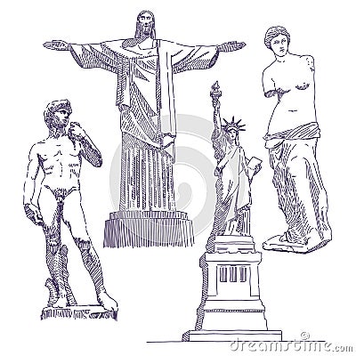 Famous statues drawings Vector Illustration