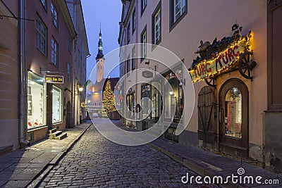 Famous street in Tallin with Christmas tree Editorial Stock Photo