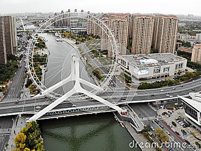 Aerial view of cityscape of Tianjin ferris wheel. Tianjin Eye ferris wheel Editorial Stock Photo