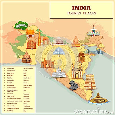 Famous Tourist attraction Place Map Of India Vector Illustration