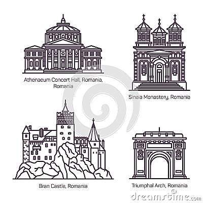 Famous tourist landmarks of Romania in thin line Vector Illustration