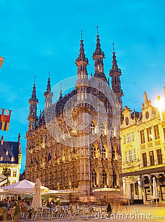 Famous Town Hall in Leuven At Night in Belgium Editorial Stock Photo