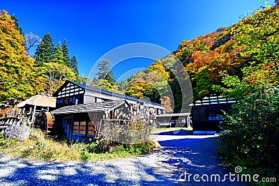 Famous Tsurunoyu onsen ryokan during autumn Stock Photo