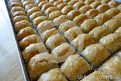 Famous Turkish baklava dessert sliced in a baking tray, Gaziantep baklava Stock Photo