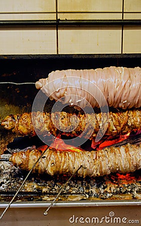 Famous Turkish food kokorech being prepared on the bbq Stock Photo