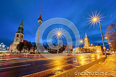 The famous TV Tower, the town hall and the St. Mary's Church Editorial Stock Photo