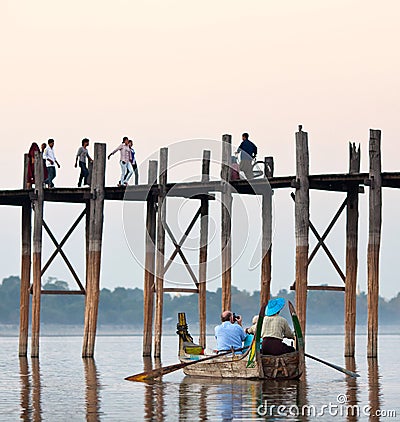 Famous U Bein teak bridge on Taungthaman lake in Mandalay Division, Myanmar Editorial Stock Photo