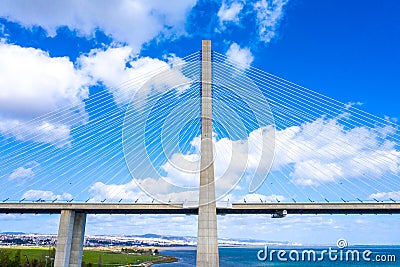 Famous Vasco da Gama Bridge over River Tejo in Lisbon from above - CITY OF LISBON, PORTUGAL - NOVEMBER 5, 2019 Editorial Stock Photo