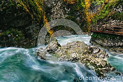 The famous Vintgar gorge Canyon with wooden pats,Bled,Triglav,Slovenia,Europe Stock Photo