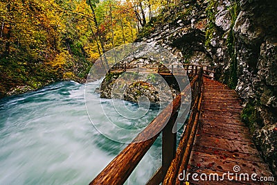 The famous Vintgar gorge Canyon with wooden pats Stock Photo