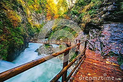 The famous Vintgar gorge Canyon with wooden pats Stock Photo