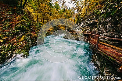 The famous Vintgar gorge Canyon with wooden pats Stock Photo