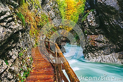 The famous Vintgar gorge Canyon with wooden pats Stock Photo
