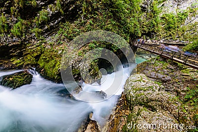 The famous Vintgar gorge Canyon with wooden pats in the natural Park Triglav. Editorial Stock Photo