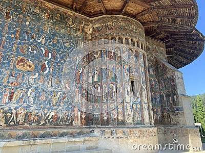 The famous Voronet Monastery is a medieval monastery in the Romanian village of Voronet Editorial Stock Photo