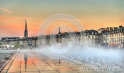 Famous water mirror fountain in front of Place de la Bourse in Bordeaux, France Stock Photo