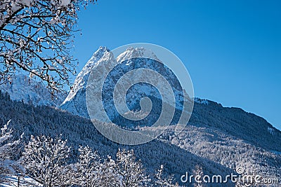 Famous Waxenstein mountain, Garmisch tourist resort in winter Stock Photo