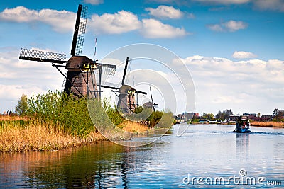 Famous windmills in Kinderdijk museum in Holland. Editorial Stock Photo