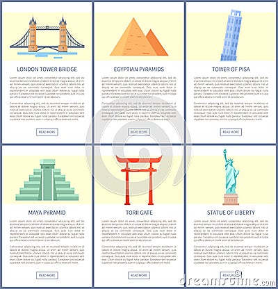Famous World Attractions and Architecture Set Vector Illustration