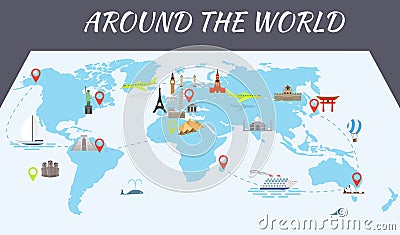 Famous world landmarks icons on the map Vector Illustration