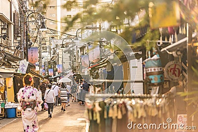 The famous Yuyakedandan stairs which means Dusk Steps at Nishi-Nippori in Tokyo lead to an old-fashionned shopping street of Editorial Stock Photo